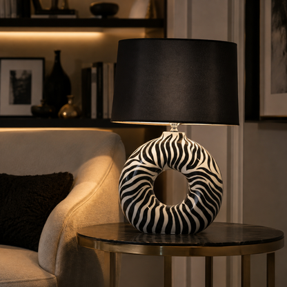 Modern Round Ceramic Table Lamp, Black & White Zebra Print Donut Lamp