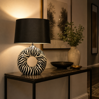 Modern Round Ceramic Table Lamp, Black & White Zebra Print Donut Lamp