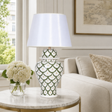 Green & White Scale Pattern Ginger Jar Table Lamp, Hand-Painted Ceramic Lamp with White Shade