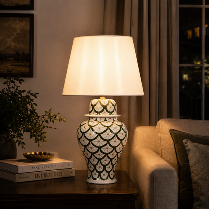 Green & White Scale Pattern Ginger Jar Table Lamp, Hand-Painted Ceramic Lamp with White Shade