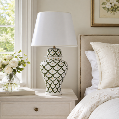 Green & White Scale Pattern Ginger Jar Table Lamp, Hand-Painted Ceramic Lamp with White Shade