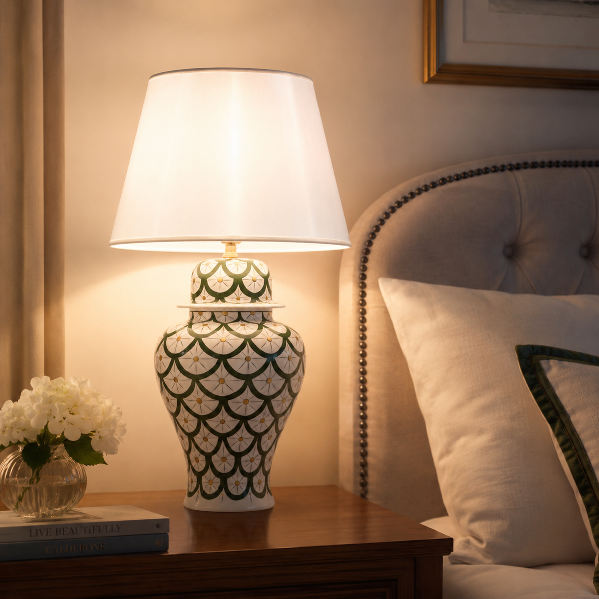 Green & White Scale Pattern Ginger Jar Table Lamp, Hand-Painted Ceramic Lamp with White Shade