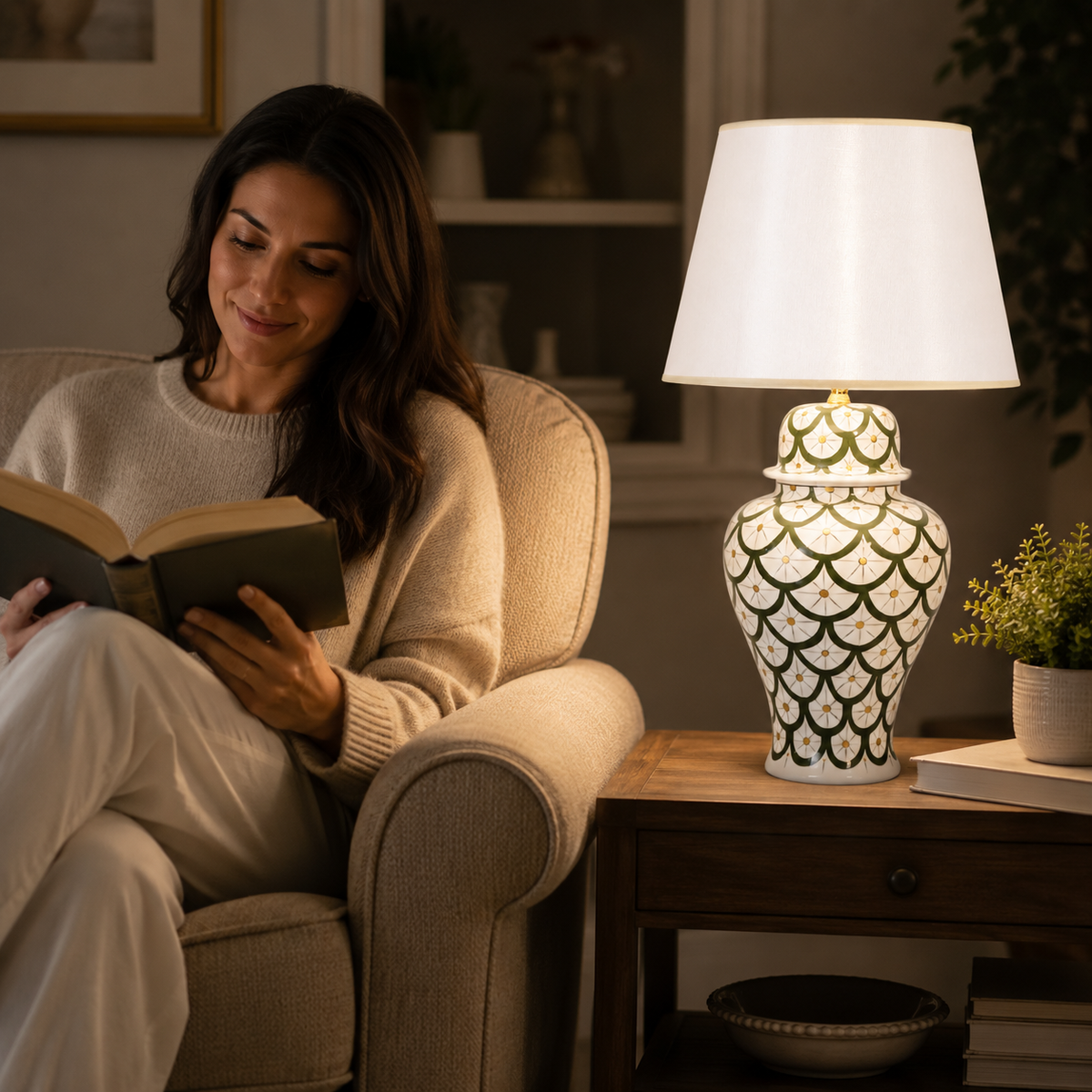 Green & White Scale Pattern Ginger Jar Table Lamp, Hand-Painted Ceramic Lamp with White Shade