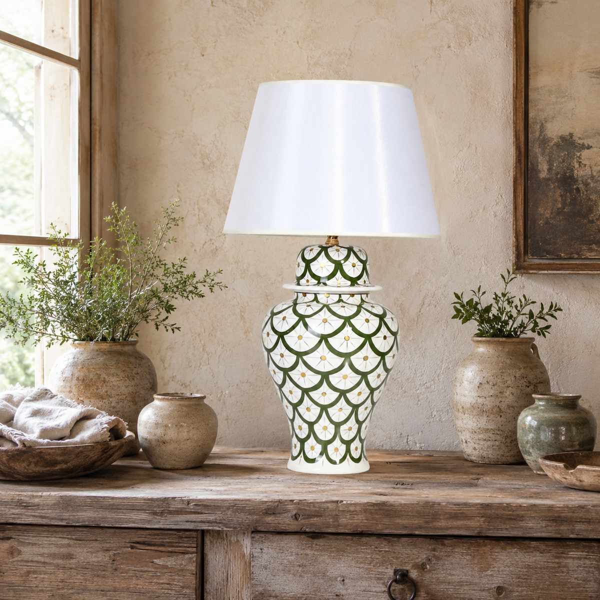 Green & White Scale Pattern Ginger Jar Table Lamp, Hand-Painted Ceramic Lamp with White Shade