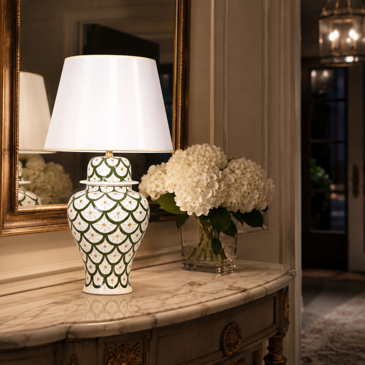 Green & White Scale Pattern Ginger Jar Table Lamp, Hand-Painted Ceramic Lamp with White Shade