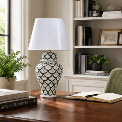 Green & White Scale Pattern Ginger Jar Table Lamp, Hand-Painted Ceramic Lamp with White Shade