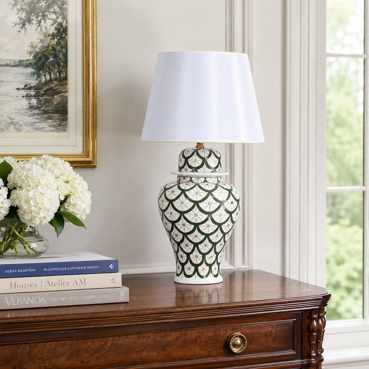 Green & White Scale Pattern Ginger Jar Table Lamp, Hand-Painted Ceramic Lamp with White Shade