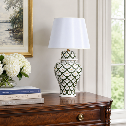 Green & White Scale Pattern Ginger Jar Table Lamp, Hand-Painted Ceramic Lamp with White Shade