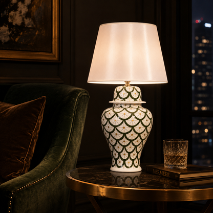Green & White Scale Pattern Ginger Jar Table Lamp, Hand-Painted Ceramic Lamp with White Shade
