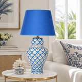 Blue & White Scale Pattern Ginger Jar Table Lamp, Hand-Painted Ceramic Lamp with Blue Shade