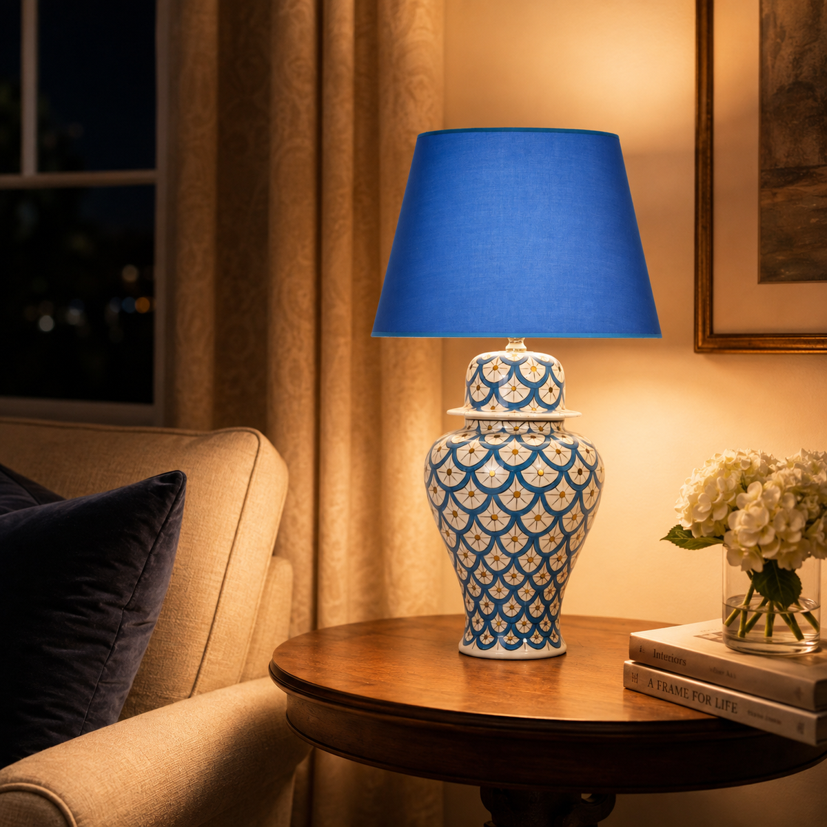 Blue & White Scale Pattern Ginger Jar Table Lamp, Hand-Painted Ceramic Lamp with Blue Shade