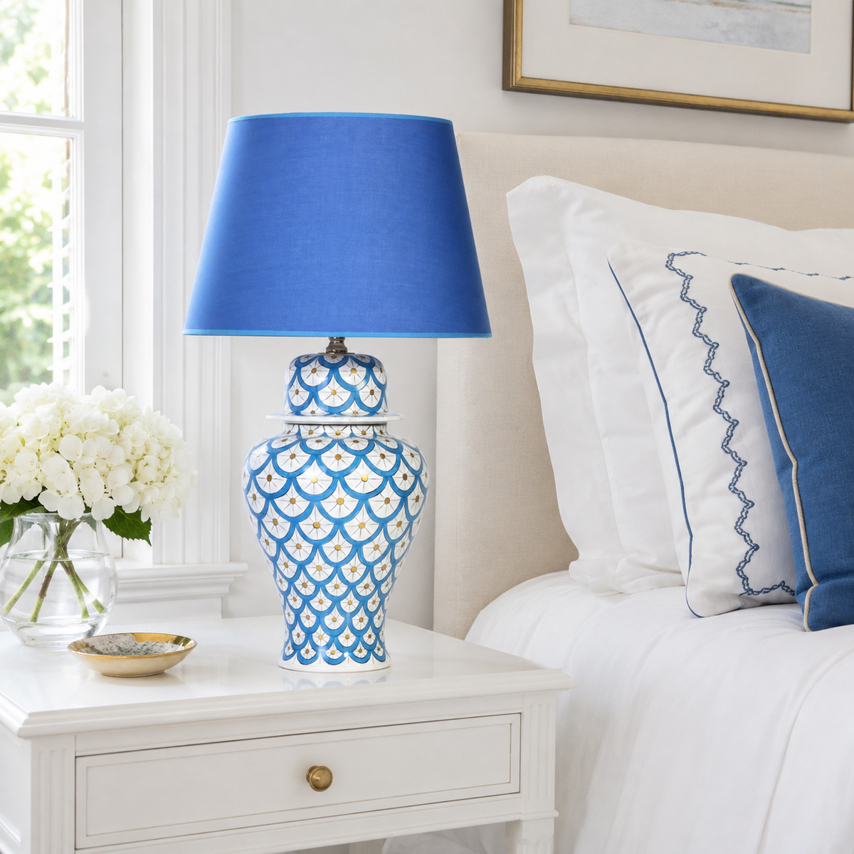 Blue & White Scale Pattern Ginger Jar Table Lamp, Hand-Painted Ceramic Lamp with Blue Shade