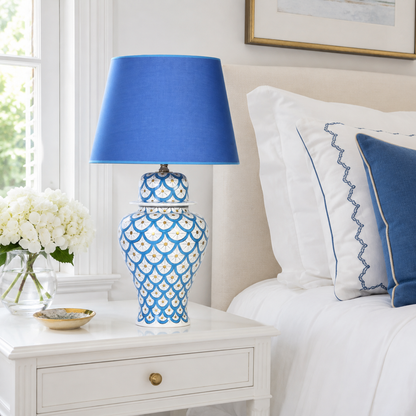 Blue & White Scale Pattern Ginger Jar Table Lamp, Hand-Painted Ceramic Lamp with Blue Shade