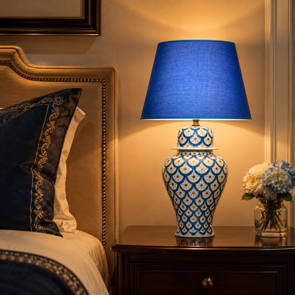 Blue & White Scale Pattern Ginger Jar Table Lamp, Hand-Painted Ceramic Lamp with Blue Shade