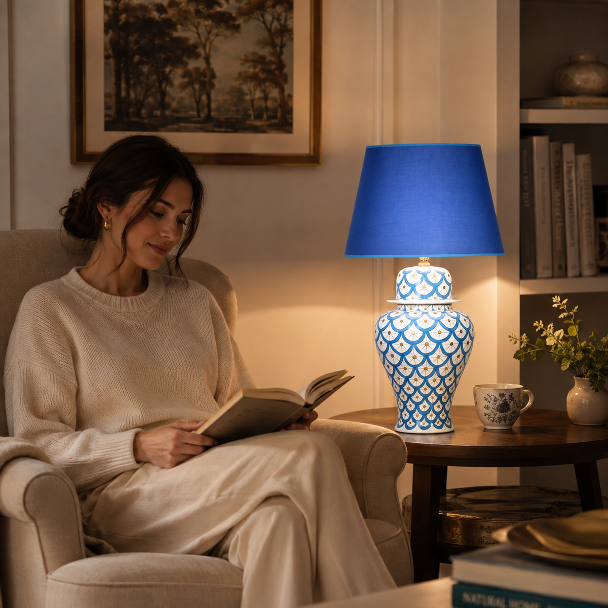 Blue & White Scale Pattern Ginger Jar Table Lamp, Hand-Painted Ceramic Lamp with Blue Shade