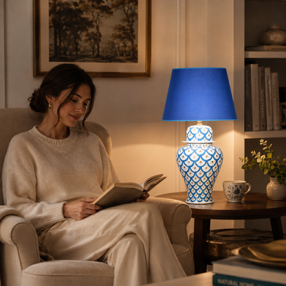 Blue & White Scale Pattern Ginger Jar Table Lamp, Hand-Painted Ceramic Lamp with Blue Shade