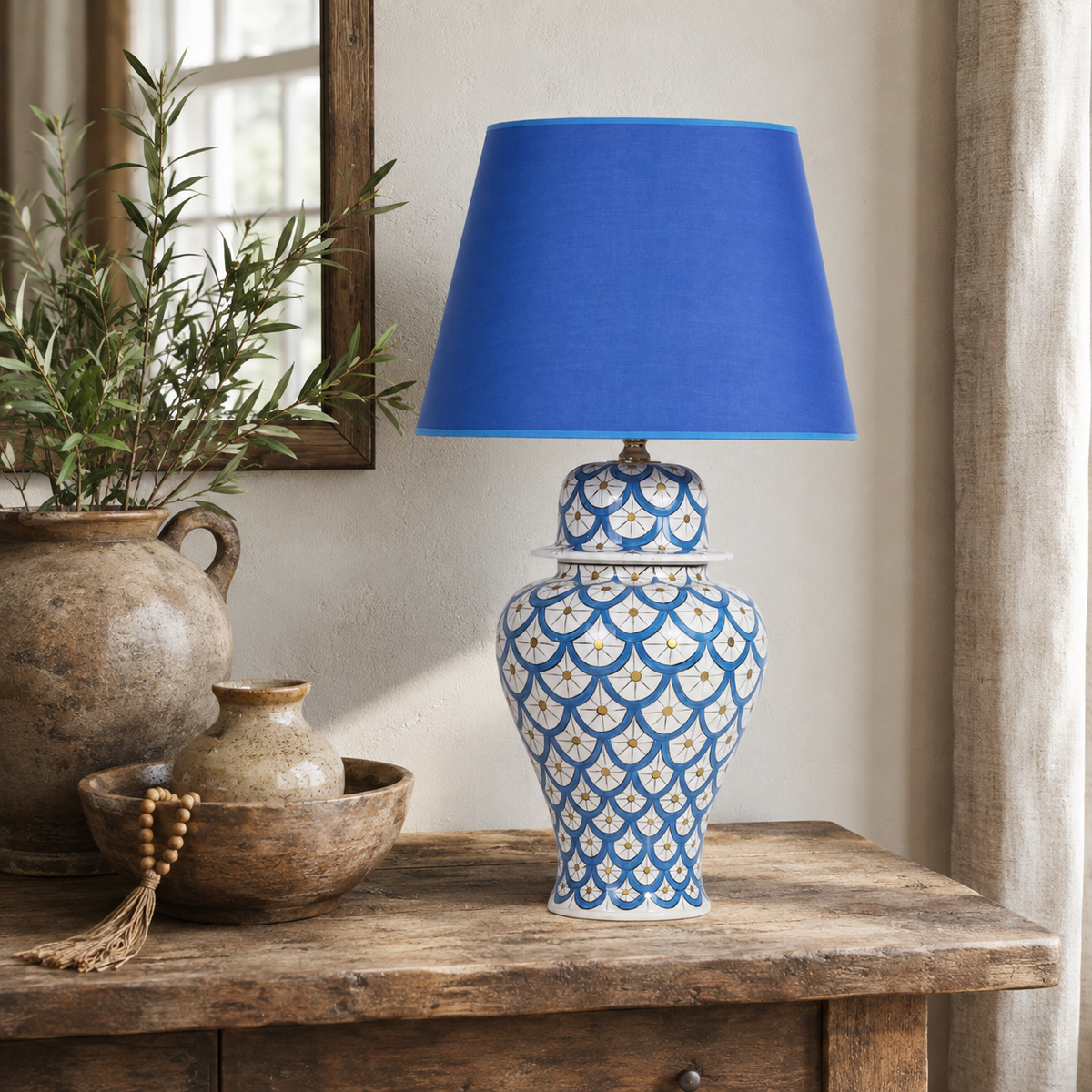 Blue & White Scale Pattern Ginger Jar Table Lamp, Hand-Painted Ceramic Lamp with Blue Shade