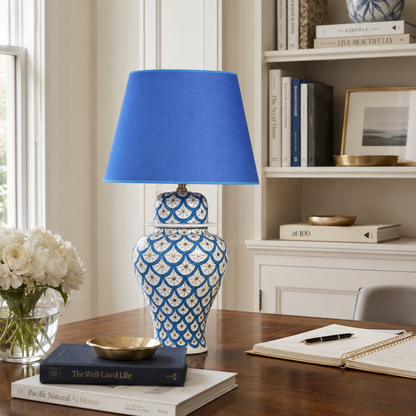 Blue & White Scale Pattern Ginger Jar Table Lamp, Hand-Painted Ceramic Lamp with Blue Shade