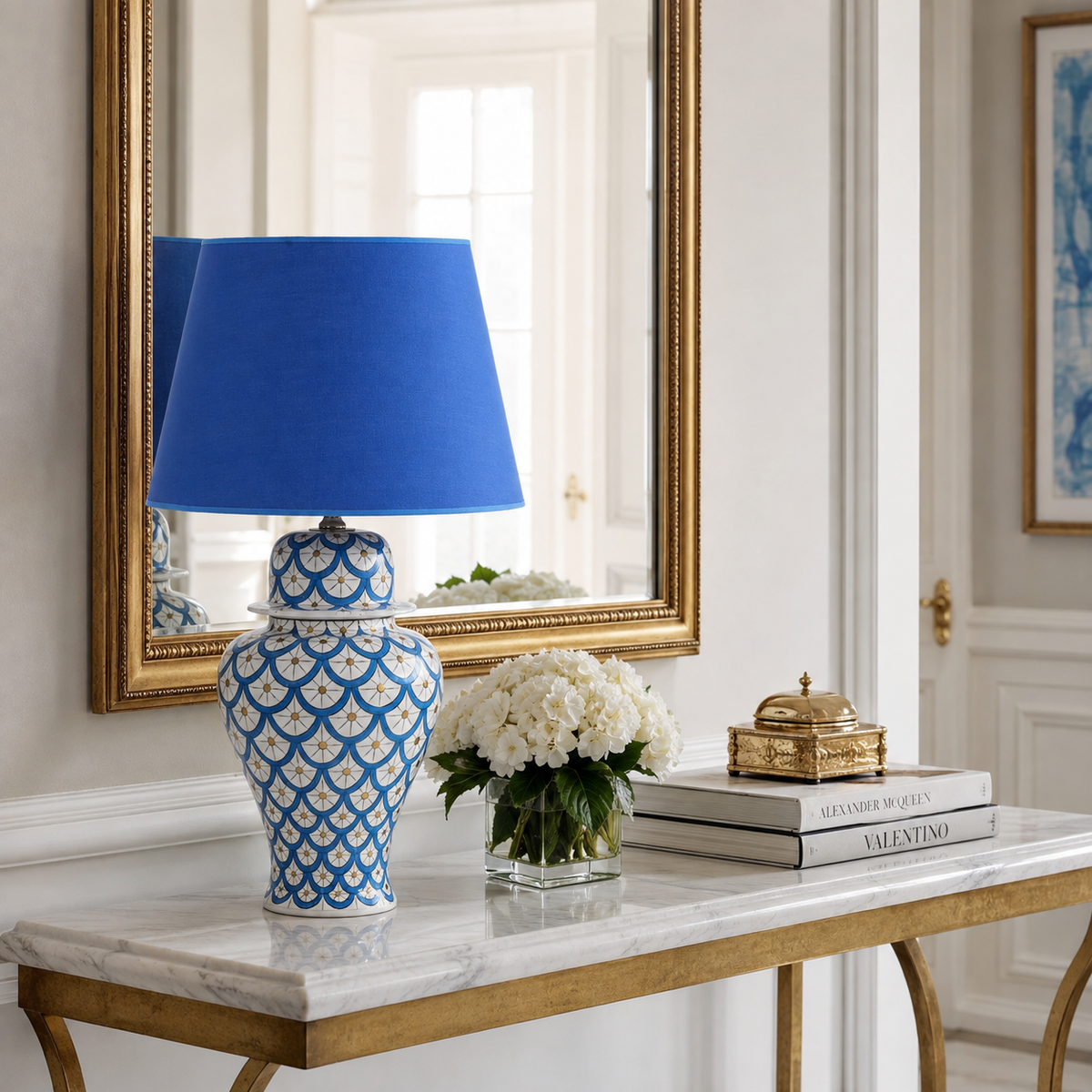Blue & White Scale Pattern Ginger Jar Table Lamp, Hand-Painted Ceramic Lamp with Blue Shade