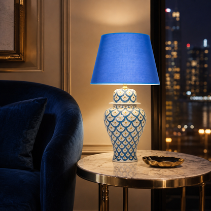Blue & White Scale Pattern Ginger Jar Table Lamp, Hand-Painted Ceramic Lamp with Blue Shade