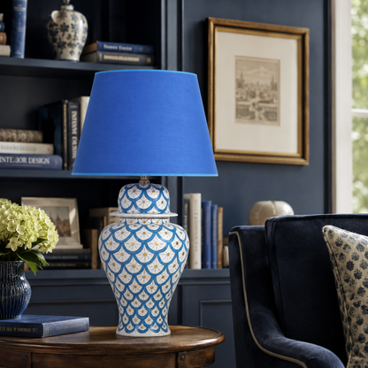 Blue & White Scale Pattern Ginger Jar Table Lamp, Hand-Painted Ceramic Lamp with Blue Shade