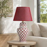 Red & White Scale Pattern Ginger Jar Table Lamp, Hand-Painted Ceramic Lamp with Red Shade