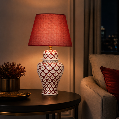 Red & White Scale Pattern Ginger Jar Table Lamp, Hand-Painted Ceramic Lamp with Red Shade