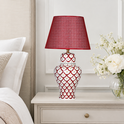Red & White Scale Pattern Ginger Jar Table Lamp, Hand-Painted Ceramic Lamp with Red Shade