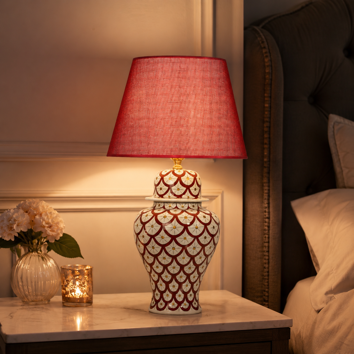 Red & White Scale Pattern Ginger Jar Table Lamp, Hand-Painted Ceramic Lamp with Red Shade