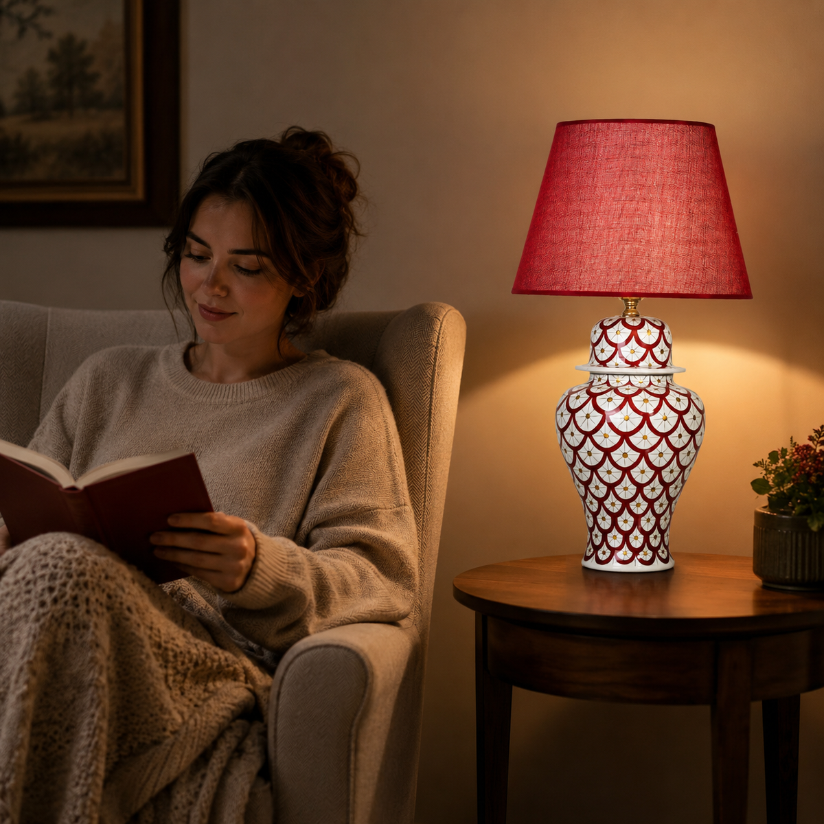 Red & White Scale Pattern Ginger Jar Table Lamp, Hand-Painted Ceramic Lamp with Red Shade