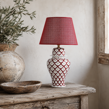 Red & White Scale Pattern Ginger Jar Table Lamp, Hand-Painted Ceramic Lamp with Red Shade