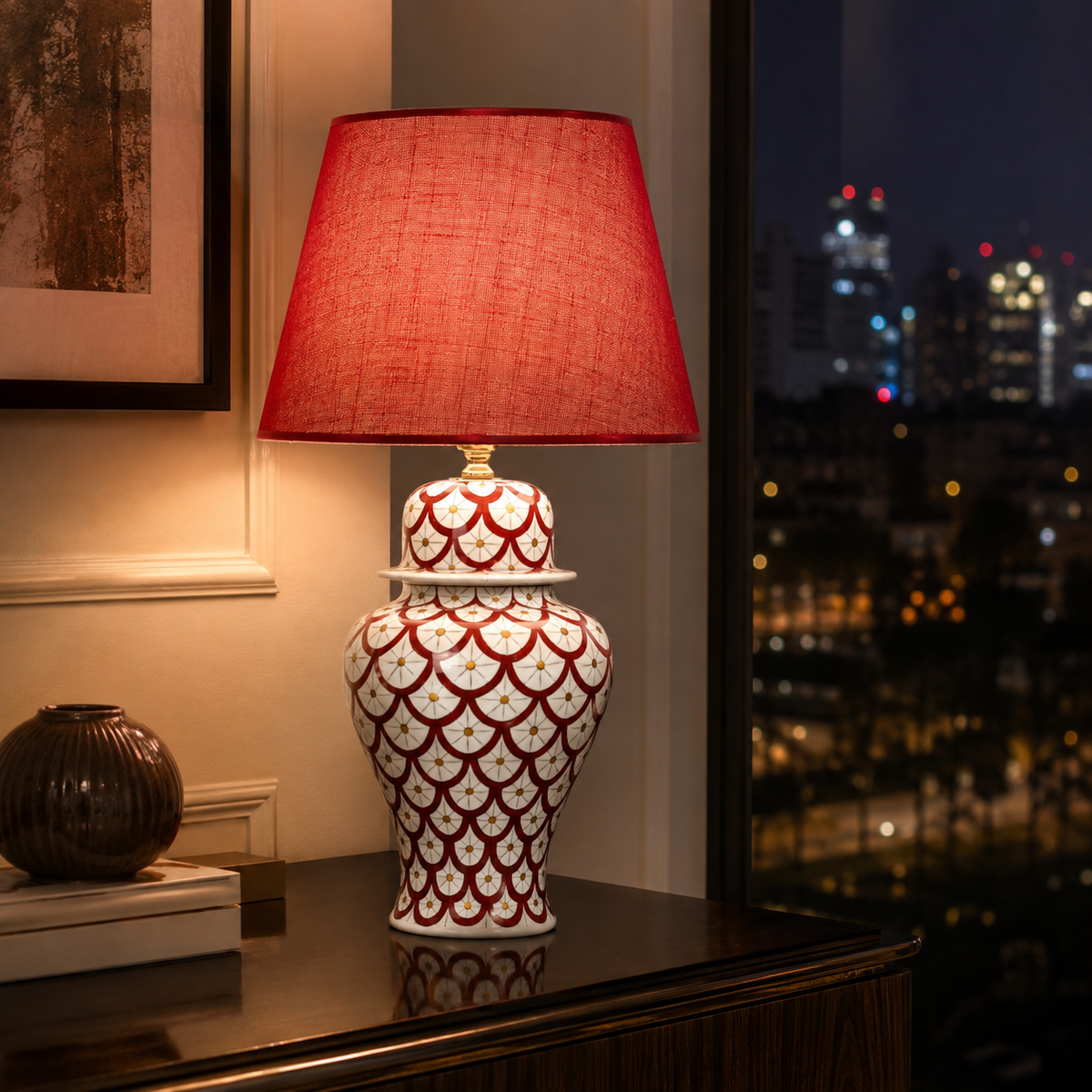 Red & White Scale Pattern Ginger Jar Table Lamp, Hand-Painted Ceramic Lamp with Red Shade