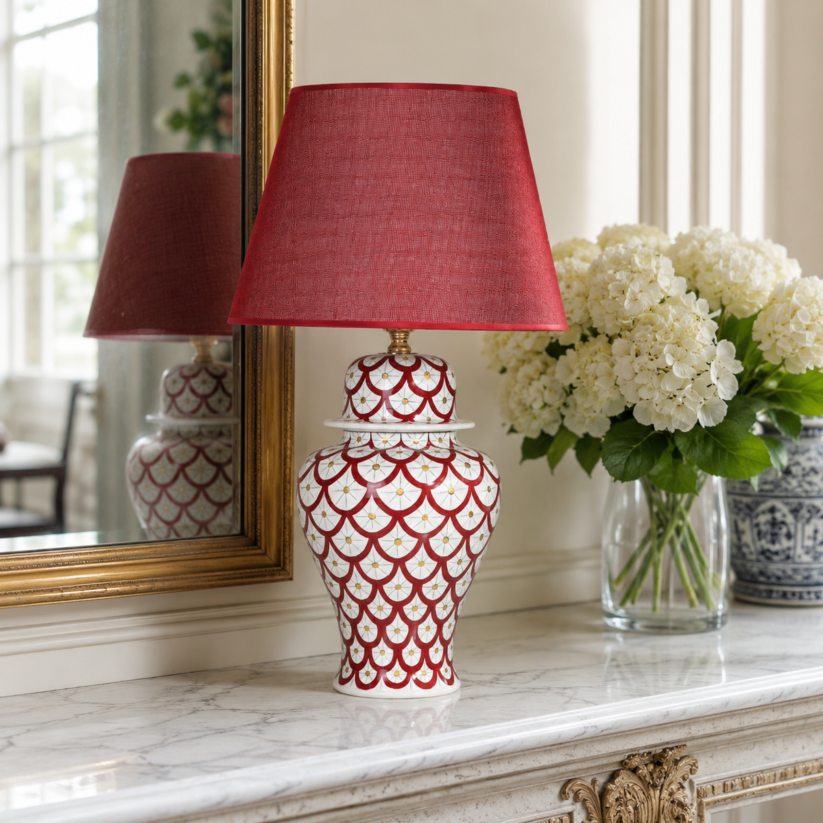 Red & White Scale Pattern Ginger Jar Table Lamp, Hand-Painted Ceramic Lamp with Red Shade