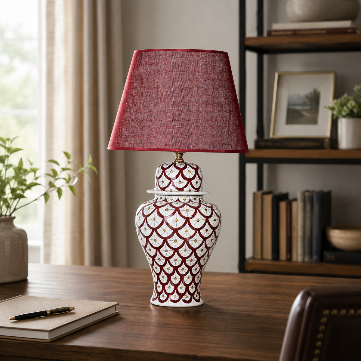 Red & White Scale Pattern Ginger Jar Table Lamp, Hand-Painted Ceramic Lamp with Red Shade