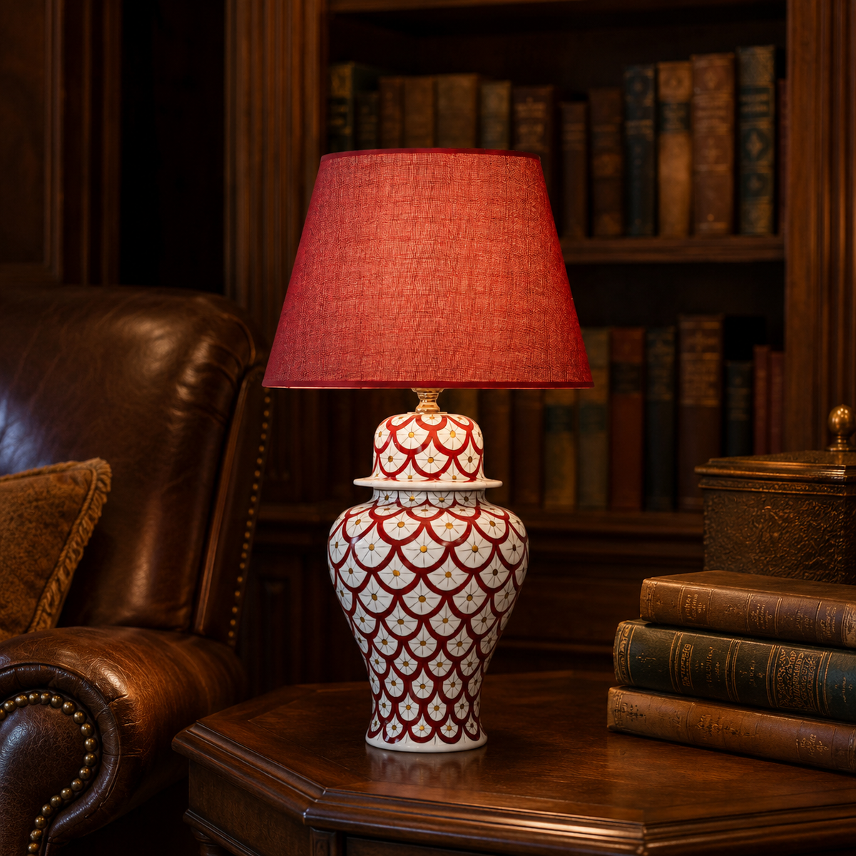 Red & White Scale Pattern Ginger Jar Table Lamp, Hand-Painted Ceramic Lamp with Red Shade