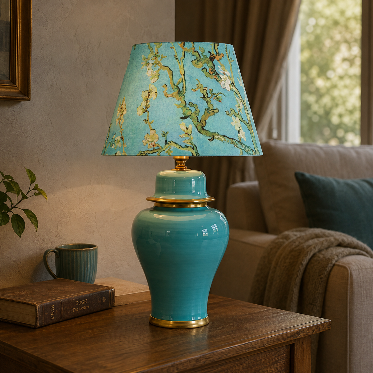 Turquoise Ginger Jar Table Lamp with Blossom Print Shade, Ceramic Bedside Lamp