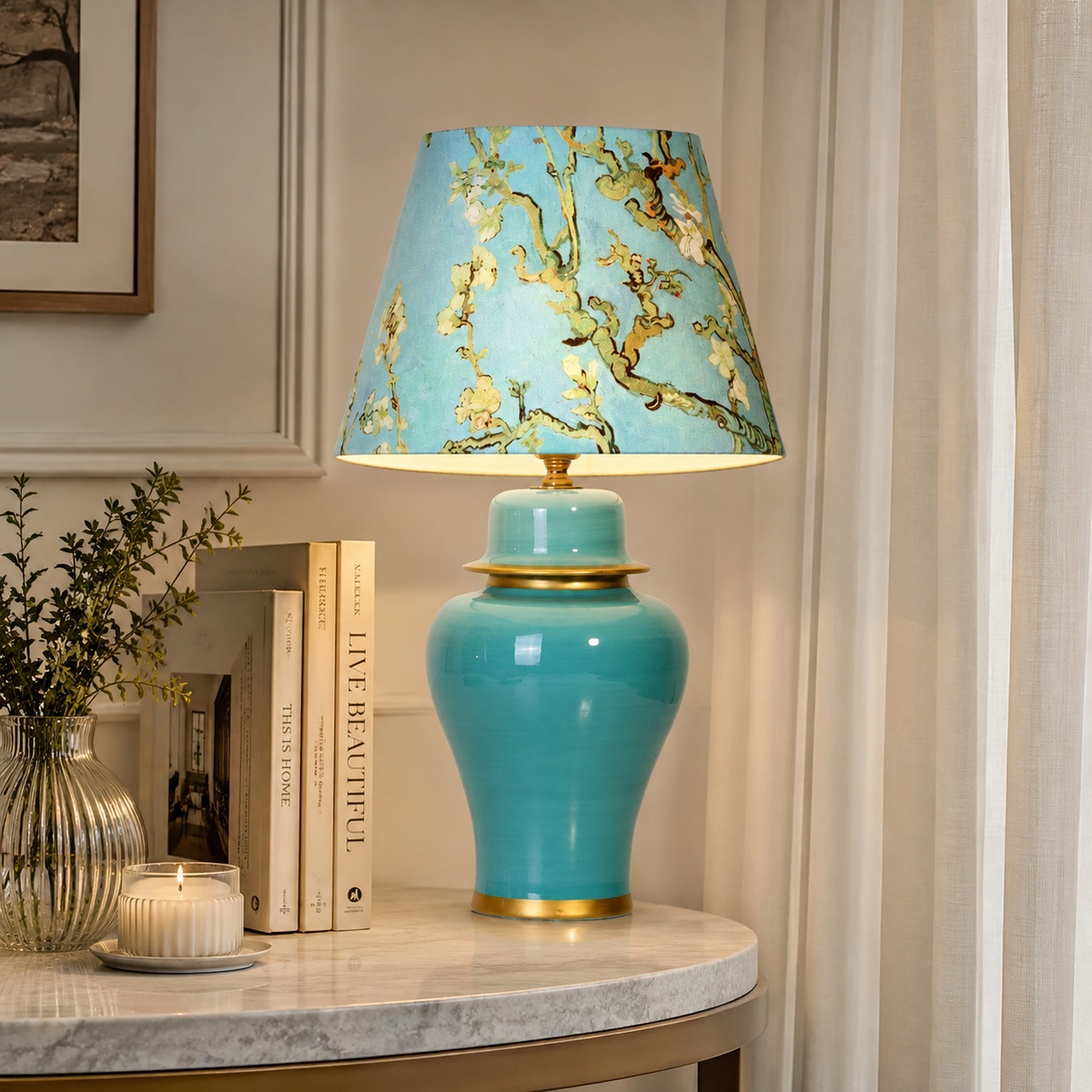 Turquoise Ginger Jar Table Lamp with Blossom Print Shade, Ceramic Bedside Lamp