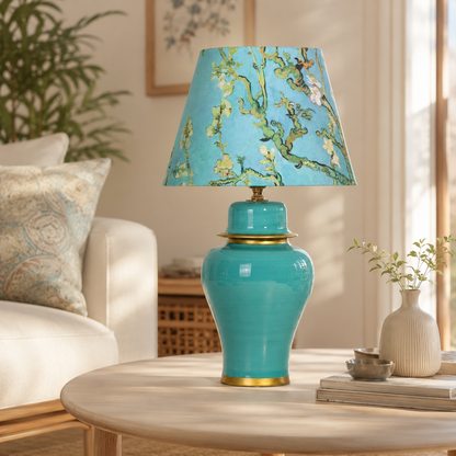 Turquoise Ginger Jar Table Lamp with Blossom Print Shade, Ceramic Bedside Lamp