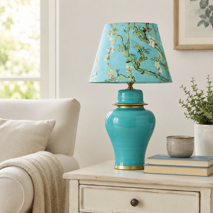Turquoise Ginger Jar Table Lamp with Blossom Print Shade, Ceramic Bedside Lamp