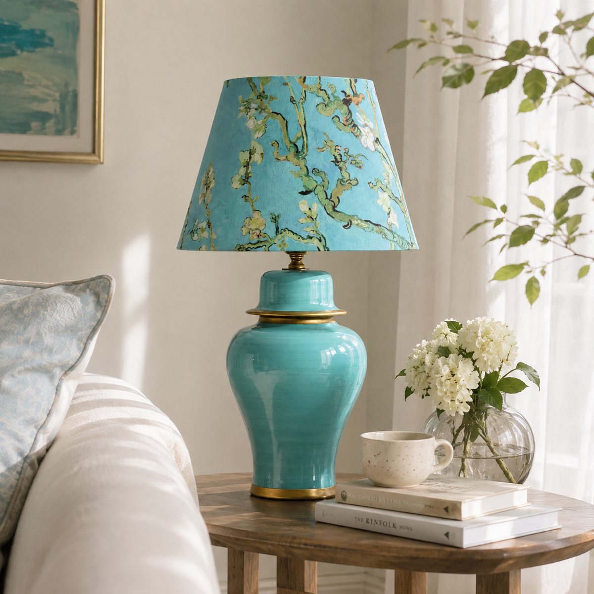Turquoise Ginger Jar Table Lamp with Blossom Print Shade, Ceramic Bedside Lamp