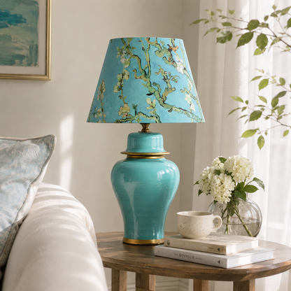 Turquoise Ginger Jar Table Lamp with Blossom Print Shade, Ceramic Bedside Lamp