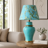 Turquoise Ginger Jar Table Lamp with Blossom Print Shade, Ceramic Bedside Lamp