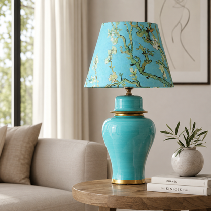 Turquoise Ginger Jar Table Lamp with Blossom Print Shade, Ceramic Bedside Lamp