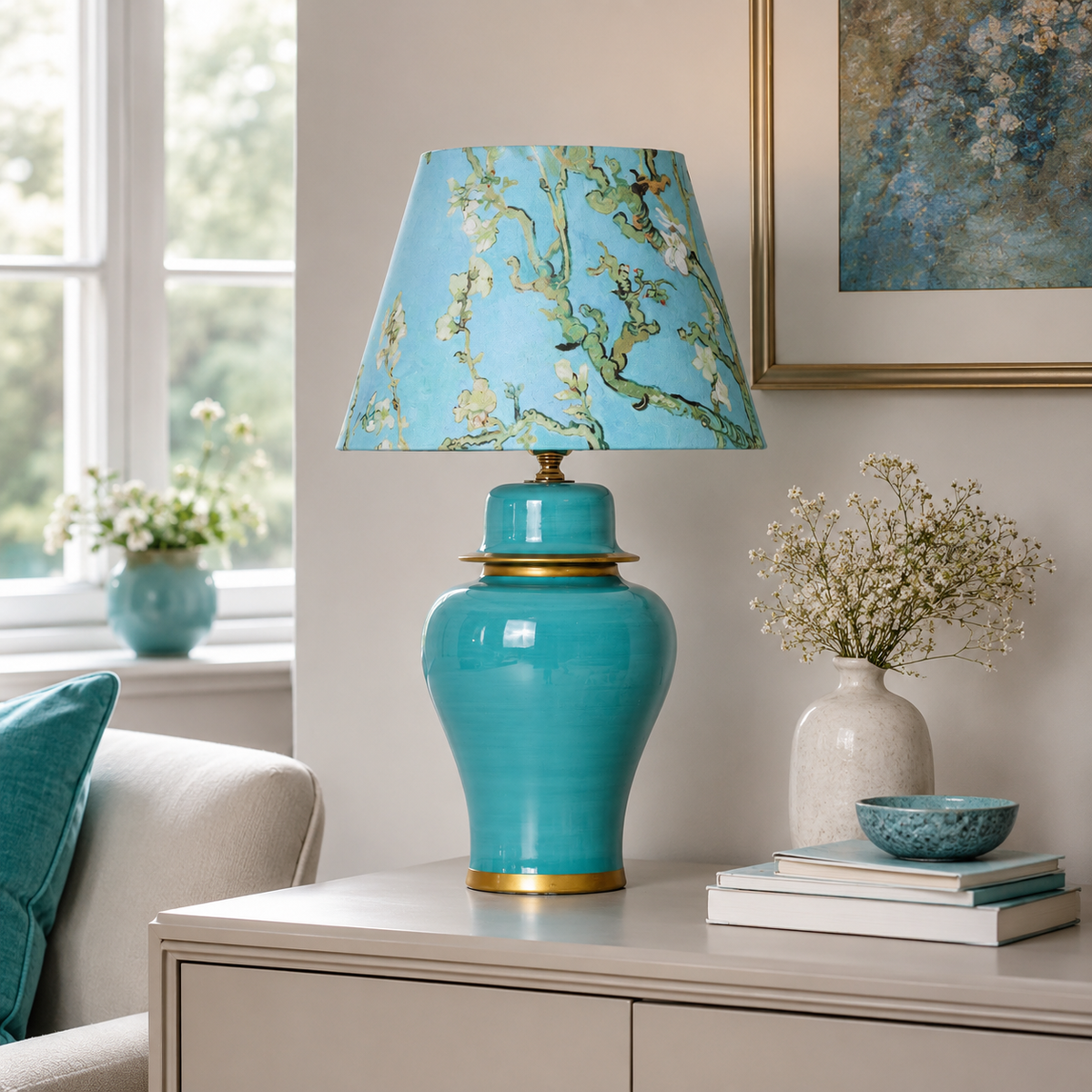Turquoise Ginger Jar Table Lamp with Blossom Print Shade, Ceramic Bedside Lamp