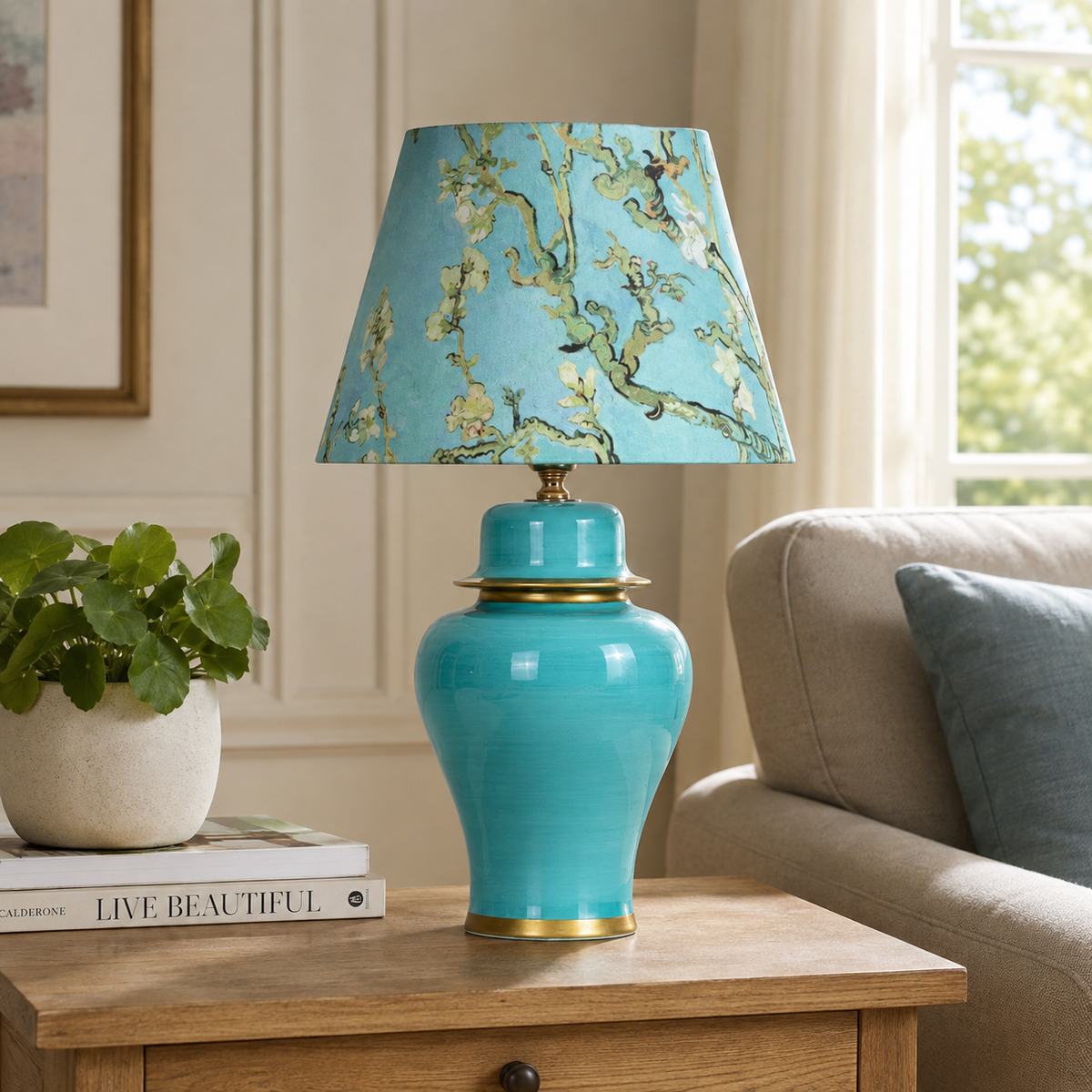 Turquoise Ginger Jar Table Lamp with Blossom Print Shade, Ceramic Bedside Lamp