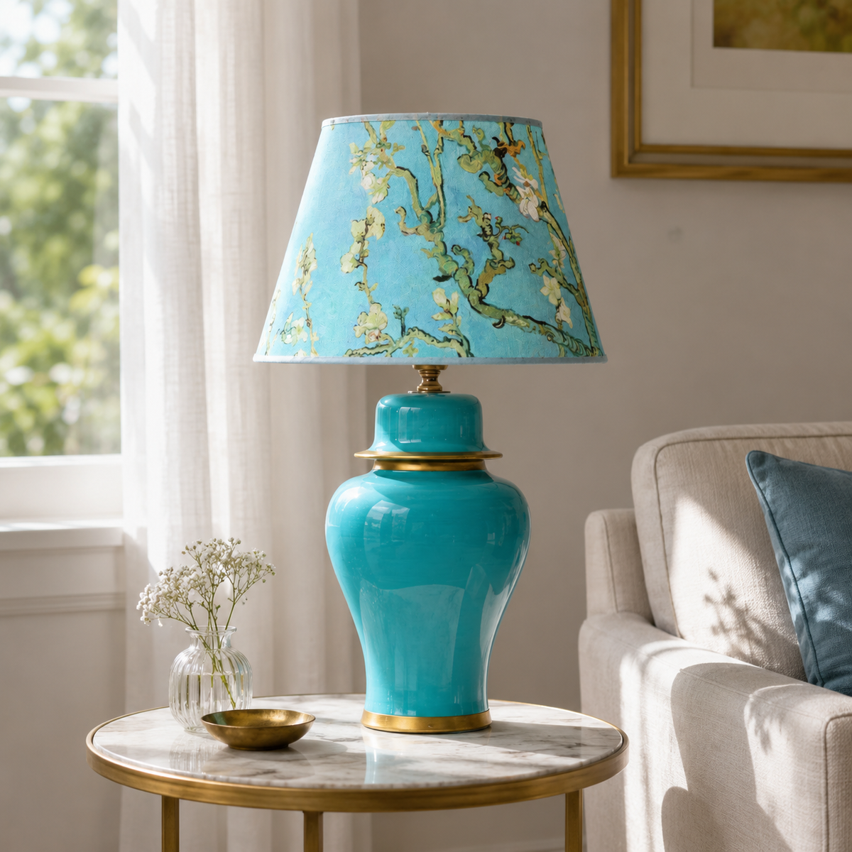 Turquoise Ginger Jar Table Lamp with Blossom Print Shade, Ceramic Bedside Lamp