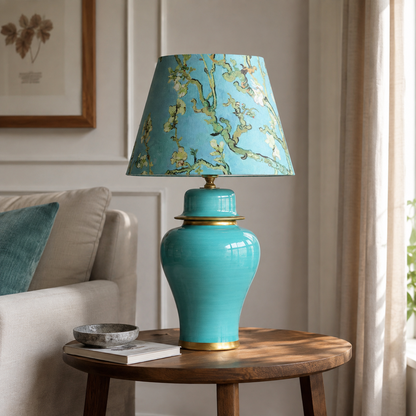 Turquoise Ginger Jar Table Lamp with Blossom Print Shade, Ceramic Bedside Lamp