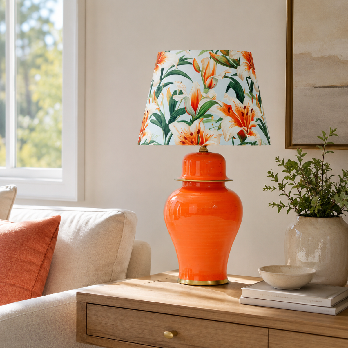 Orange Ginger Jar Table Lamp with Floral Print Shade, Glossy Ceramic Bedside Lamp