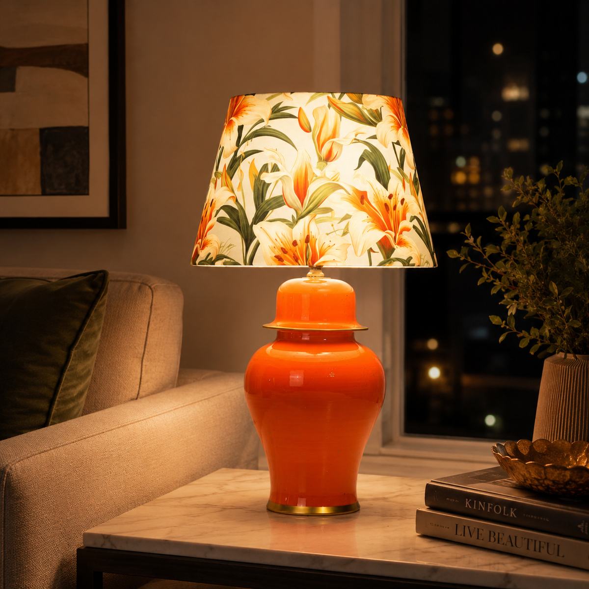 Orange Ginger Jar Table Lamp with Floral Print Shade, Glossy Ceramic Bedside Lamp