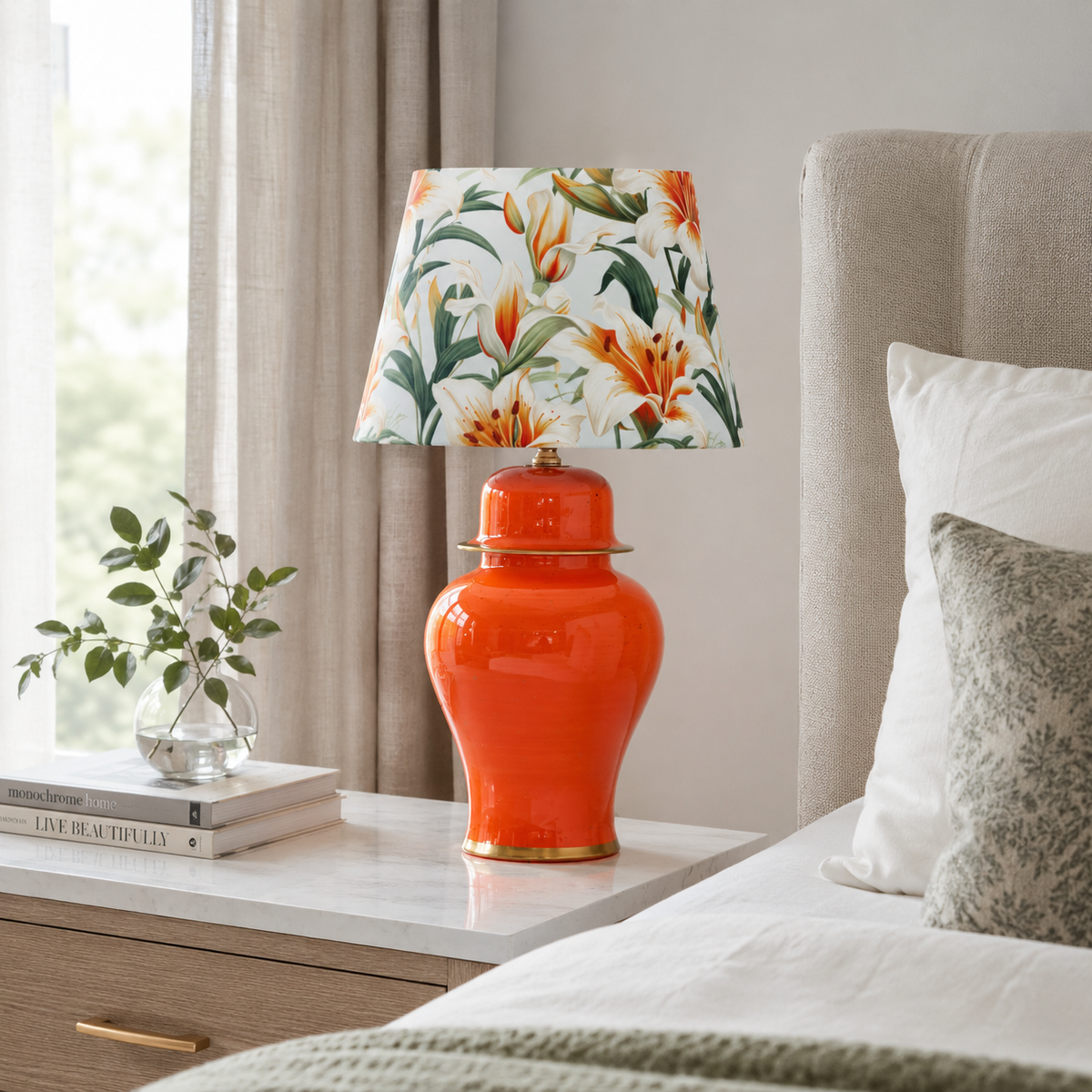 Orange Ginger Jar Table Lamp with Floral Print Shade, Glossy Ceramic Bedside Lamp